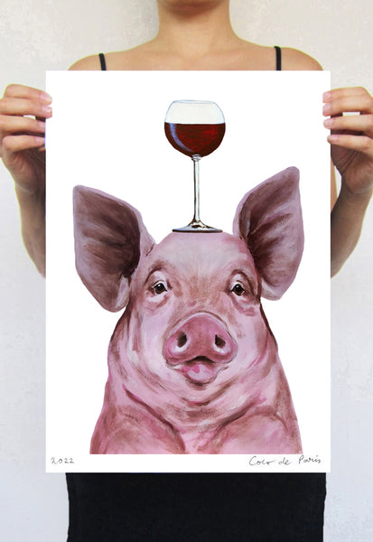 Pig with wineglass Art Print by Coco de Paris