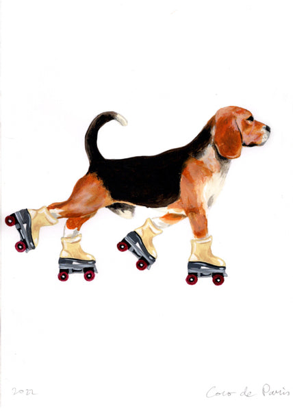 Beagle with rollerskates original painting by Coco de Paris
