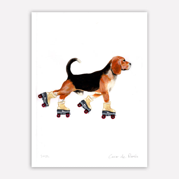 Beagle with rollerskates original painting by Coco de Paris