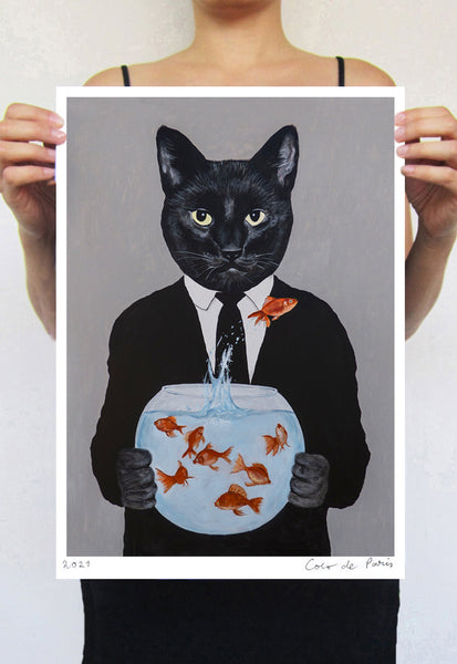 Black Cat holding fishbowl Art Print by Coco de Paris