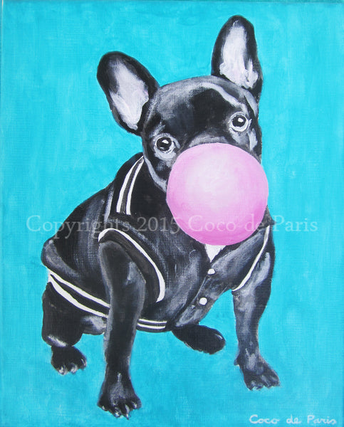 French Bulldog with bubblegum original canvas painting by Coco de Paris