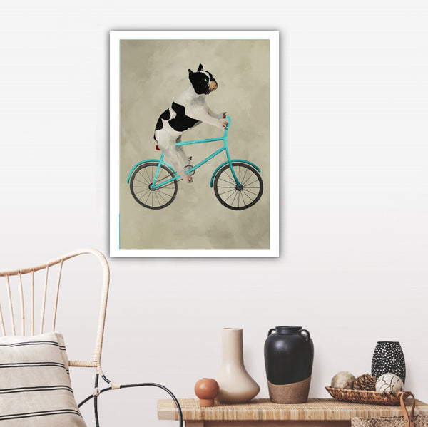 French Bulldog on bicycle Art Print by Coco de Paris