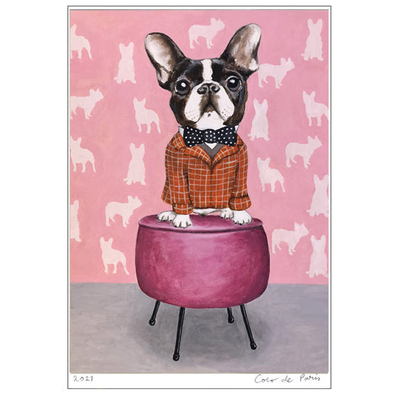 French bulldog sitting on a pouf Art Print by Coco de Paris