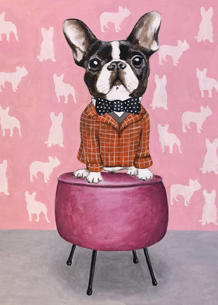 French bulldog sitting on a pouf Art Print by Coco de Paris