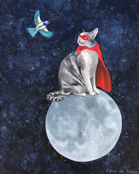 Cat and bird original canvas painting by Coco de Paris