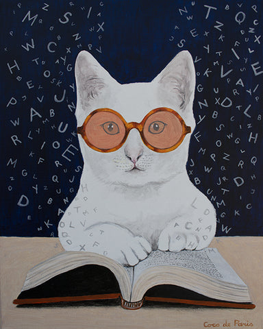 Cat reading book original canvas painting by Coco de Paris