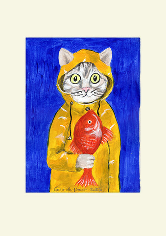 Cat with fish original painting by Coco de Paris