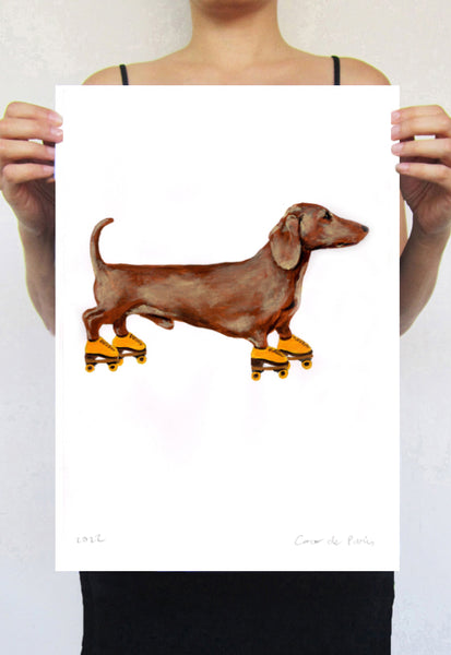 Dachshund with rollerskates original painting by Coco de Paris