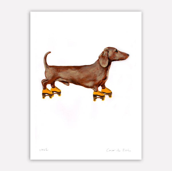 Dachshund with rollerskates original painting by Coco de Paris