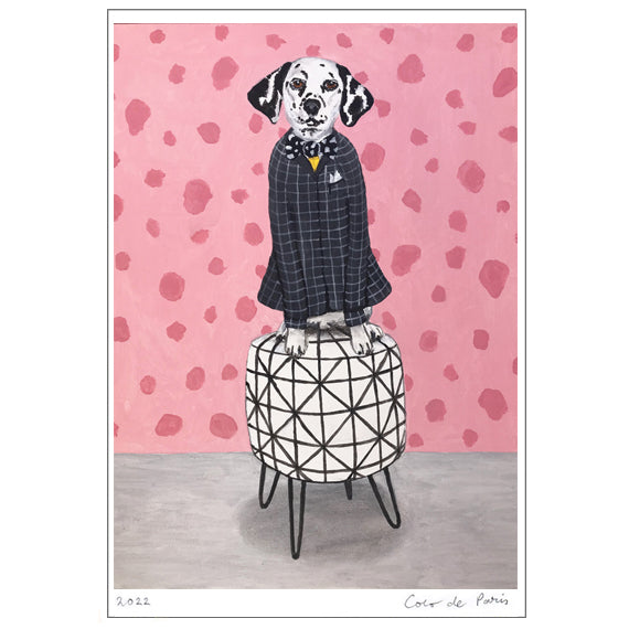 Dalmatian sitting on a pouf Art Print by Coco de Paris