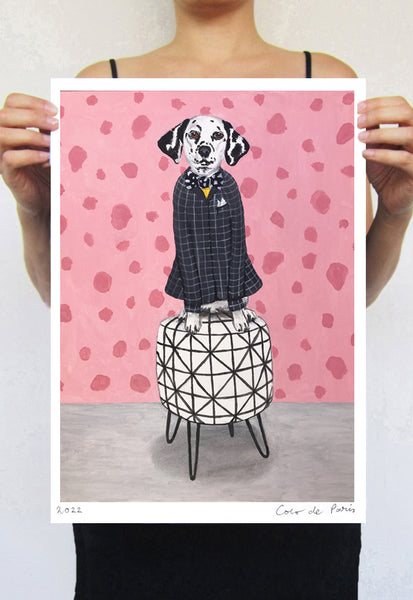 Dalmatian sitting on a pouf Art Print by Coco de Paris