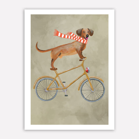 Dachshund on bicycle with scarf Art Print by Coco de Paris