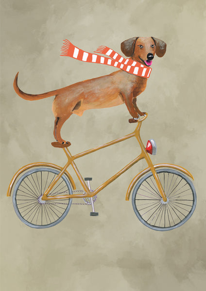Dachshund on bicycle with scarf Art Print by Coco de Paris