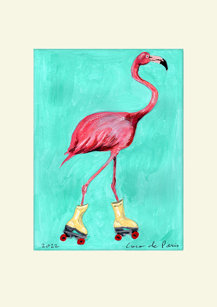 Flamingo rollerskate original painting by Coco de Paris