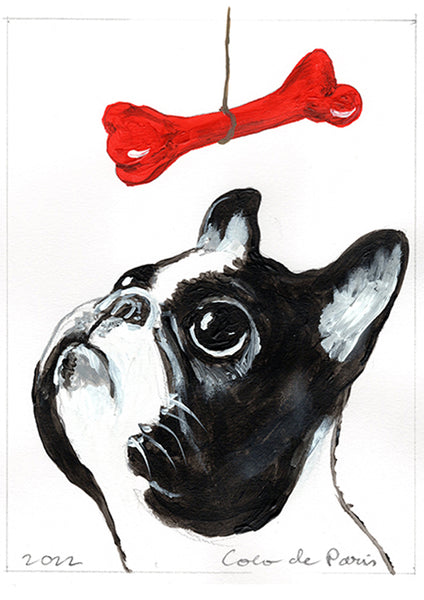 Frenchie with red bone original painting by Coco de Paris