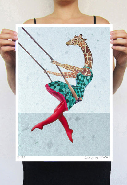 Giraffe on a swing right Art Print by Coco de Paris