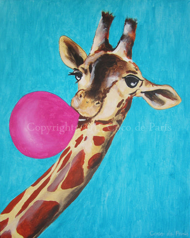 Giraffe with bubblegum original canvas painting by Coco de Paris