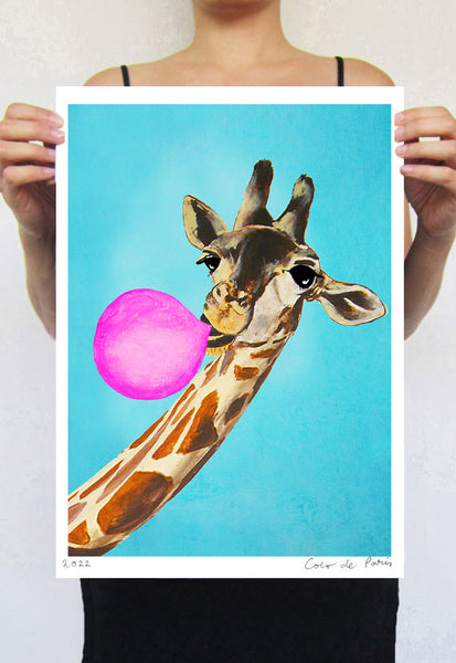 Giraffe with bubblegom-2 Art Print by Coco de Paris