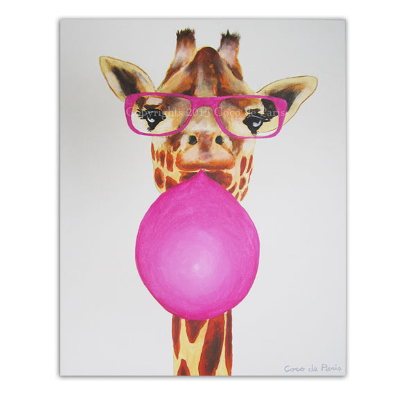 Giraffe with bubblegum original canvas painting by Coco de Paris