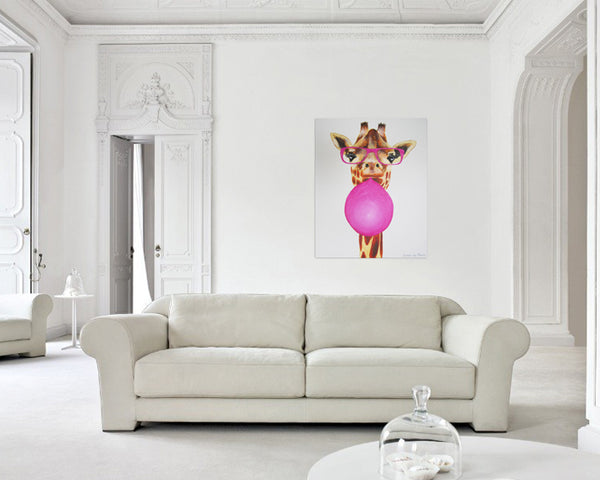 Giraffe with bubblegum original canvas painting by Coco de Paris