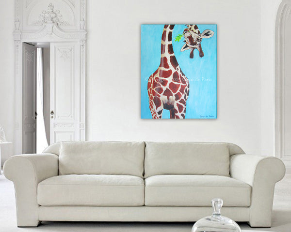 Giraffe with with green leave original canvas painting by Coco de Paris