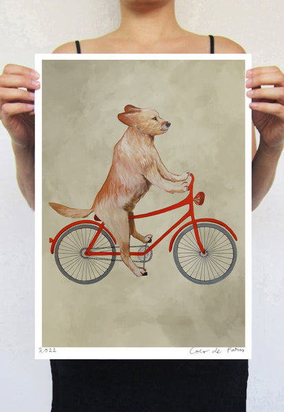 Golden Retriever on bicycle Art Print by Coco de Paris