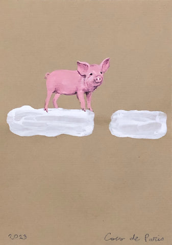 Copy of Kraftwork 02: Piggy on white line and, original painting by Coco de Paris