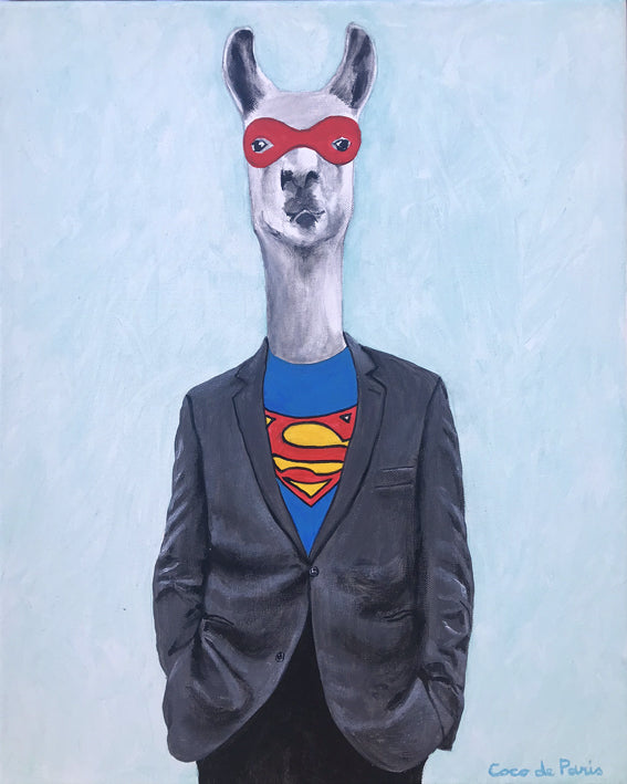 Llama superman original canvas painting by Coco de Paris