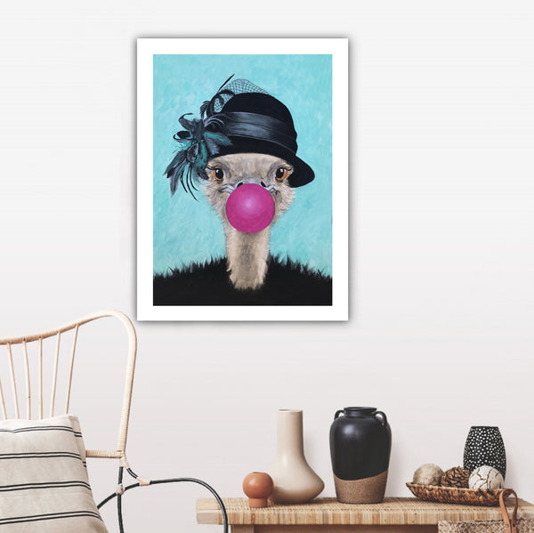 Ostrich with bubblegum Art Print by Coco de Paris