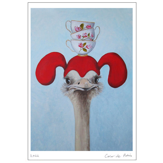 Ostrich with teacups Art Print by Coco de Paris