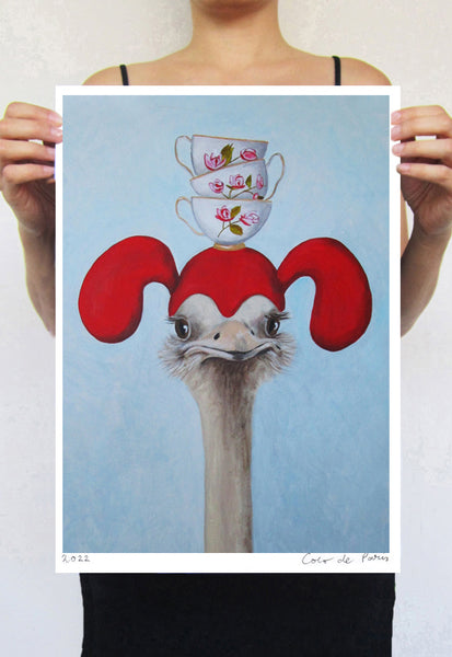 Ostrich with teacups Art Print by Coco de Paris