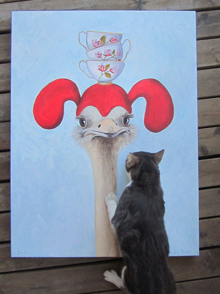 Ostrich with funny hat and tea cups original canvas painting by Coco de Paris