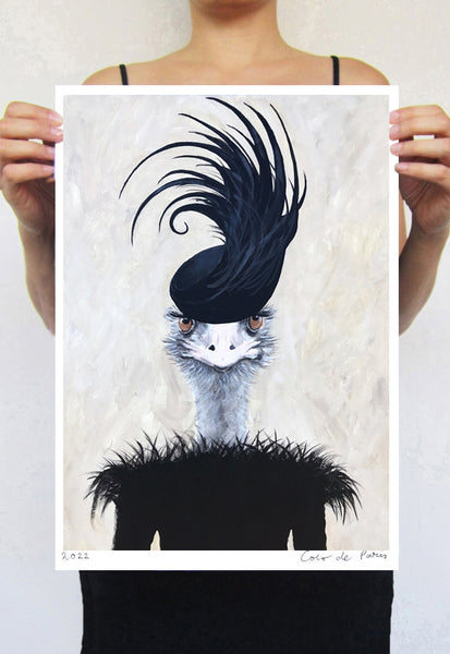 Ostrich with feather hat Art Print by Coco de Paris