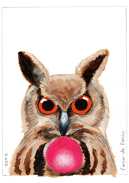 Owl with bubblegum original painting by Coco de Paris