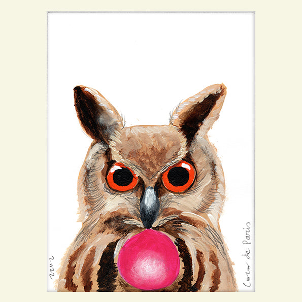 Owl with bubblegum original painting by Coco de Paris