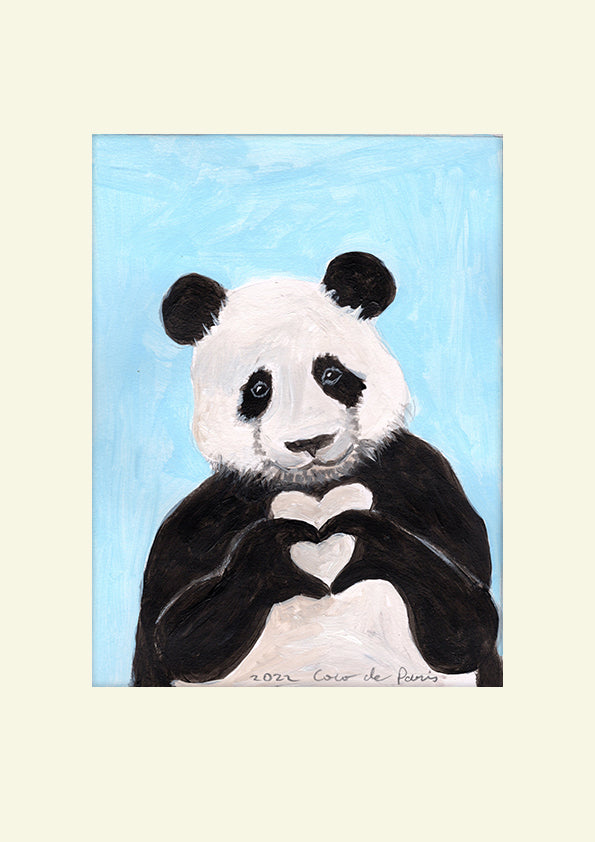 Panda with fingerheart original painting by Coco de Paris