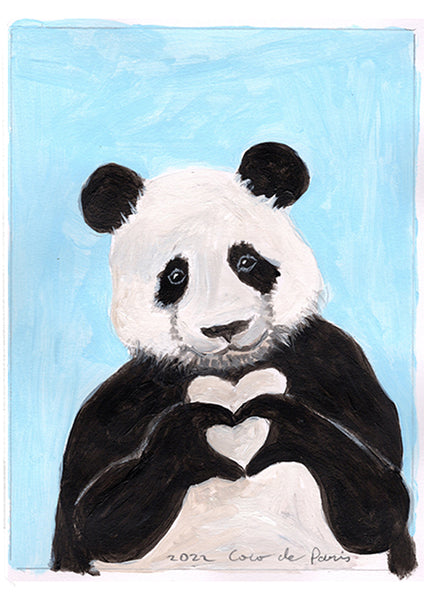 Panda with fingerheart original painting by Coco de Paris