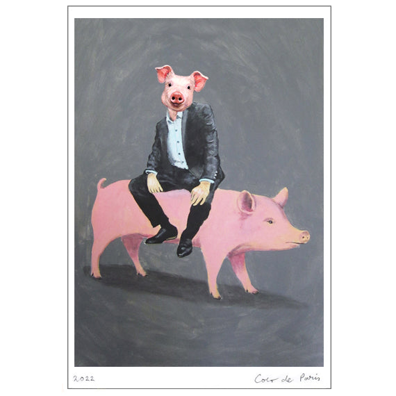Pig sitting on a pig Art Print by Coco de Paris