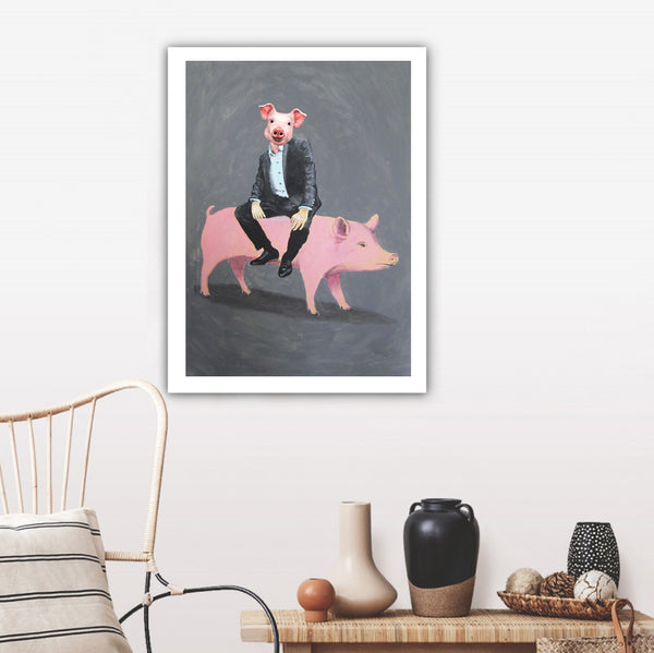 Pig sitting on a pig Art Print by Coco de Paris