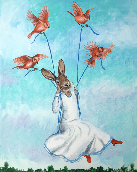 Rabbit on a swing original canvas painting by Coco de Paris