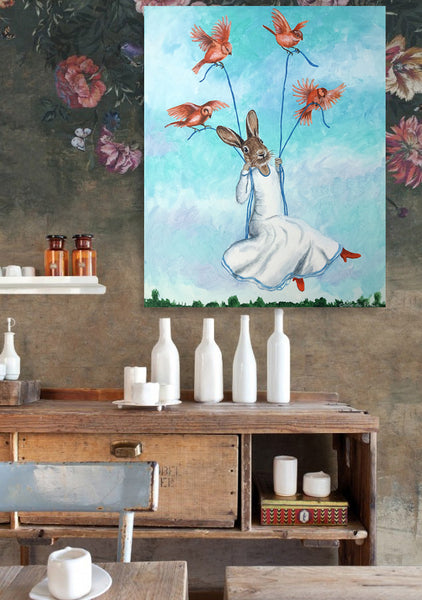 Rabbit on a swing original canvas painting by Coco de Paris