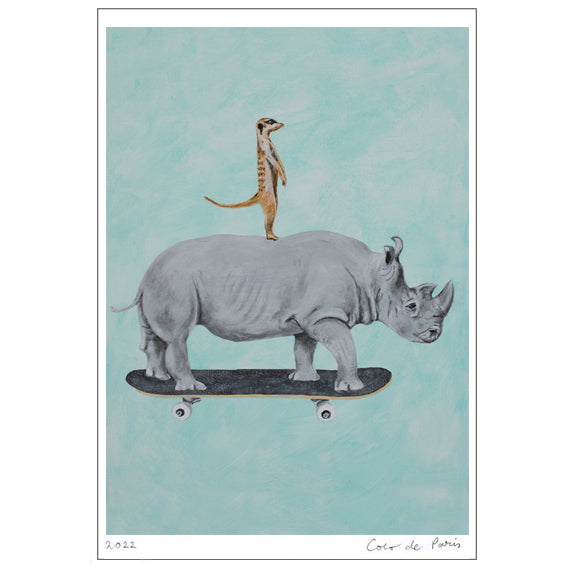 Rhinoceros and meerkat skateboarding Art Print by Coco de Paris