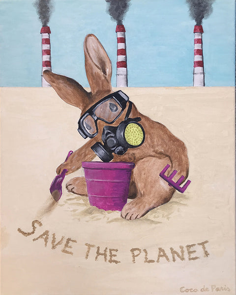 Save the planet Rabbit original canvas painting by Coco de Paris