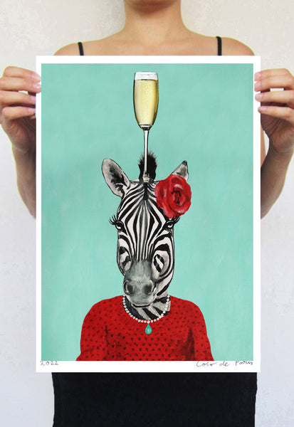 Zebra with wineglass Art Print by Coco de Paris