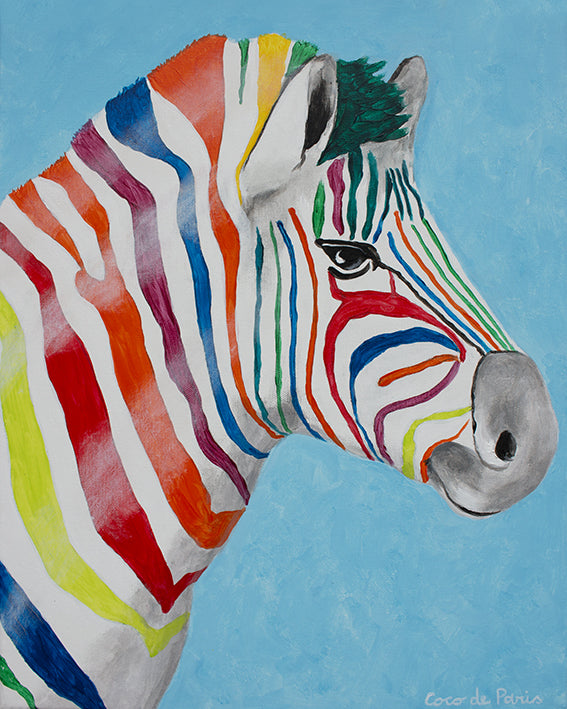 Rainbow Zebra head original canvas painting by Coco de Paris
