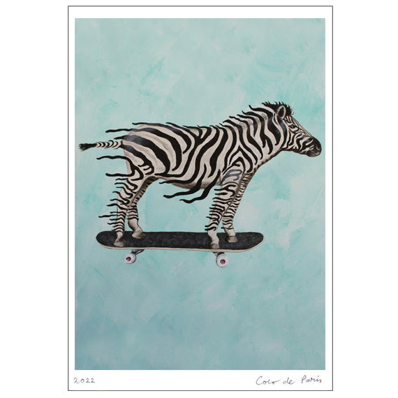 Zebra on skateboard Art Print by Coco de Paris