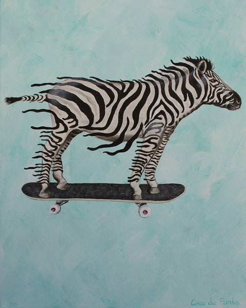 Zebra skateboarding original canvas painting by Coco de Paris