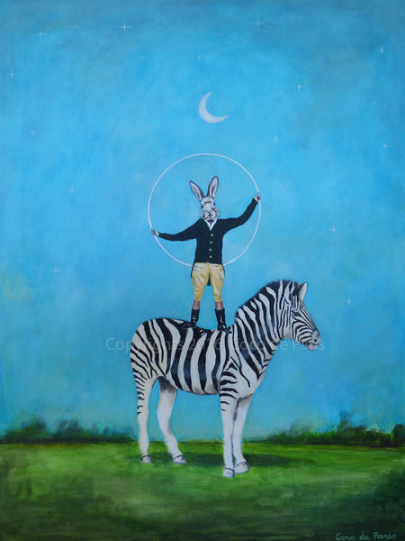 Zebra with rabbit original canvas painting by Coco de Paris